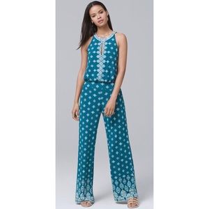 WHBM Teal Boho Print Halter Jumpsuit Beaded neck